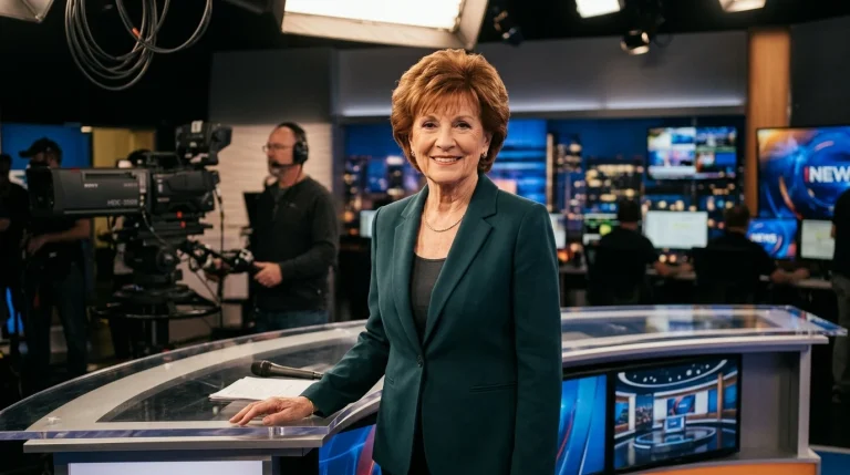 Saskia Burešová v televizním studiu s elegantním úsměvem